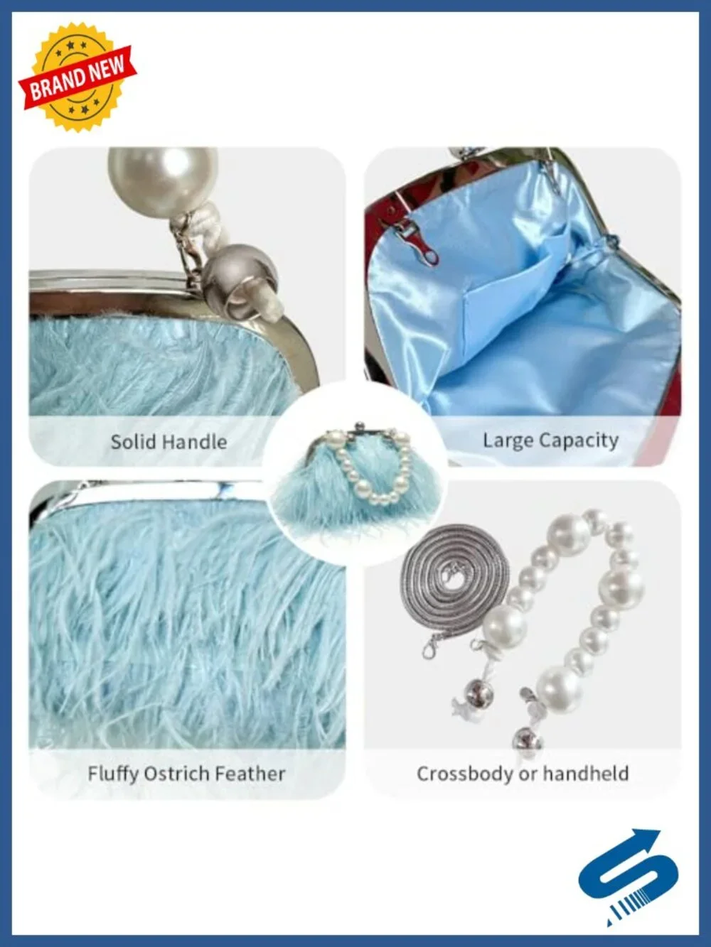 Vintage Fluffy Ostrich Feather Evening Bag Clutch Pearl Chain Bridal Purse